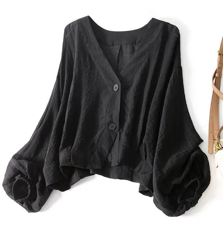 Women's Balloon Sleeve Summer Linen Blouse | Loose Fit Side