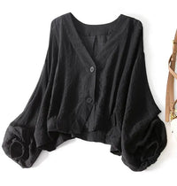 Women's Balloon Sleeve Summer Linen Blouse | Loose Fit Side