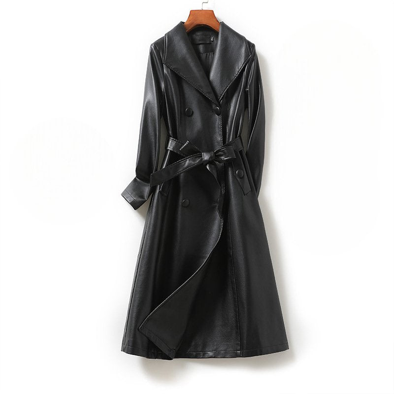 Women's Belted Sheepskin Leather Trench Coat | Longline Silhouette Close Up