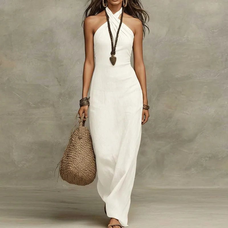Women's Bohemian Halter Linen Dress | Cross-Neck Maxi Hero
