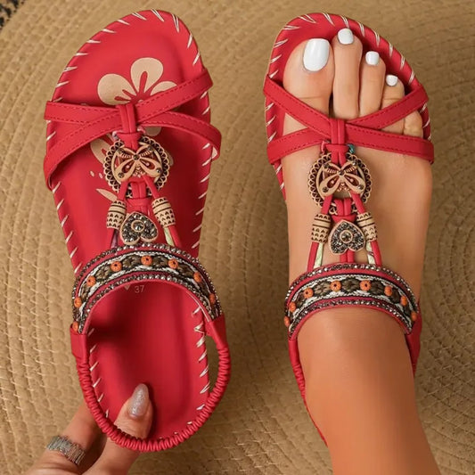 Women's Boho Flat T-Strap Orthopedic Shoes Front
