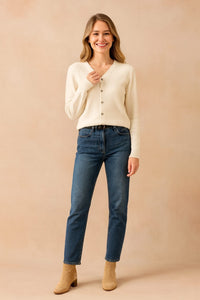 Women's Button Down Cardigan Sweater | Crew Neck Knit Layer Side