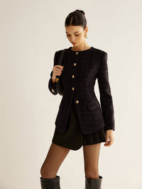 Women's Button Down Tweed Blazer | Asymmetric Hem Slit Alternate
