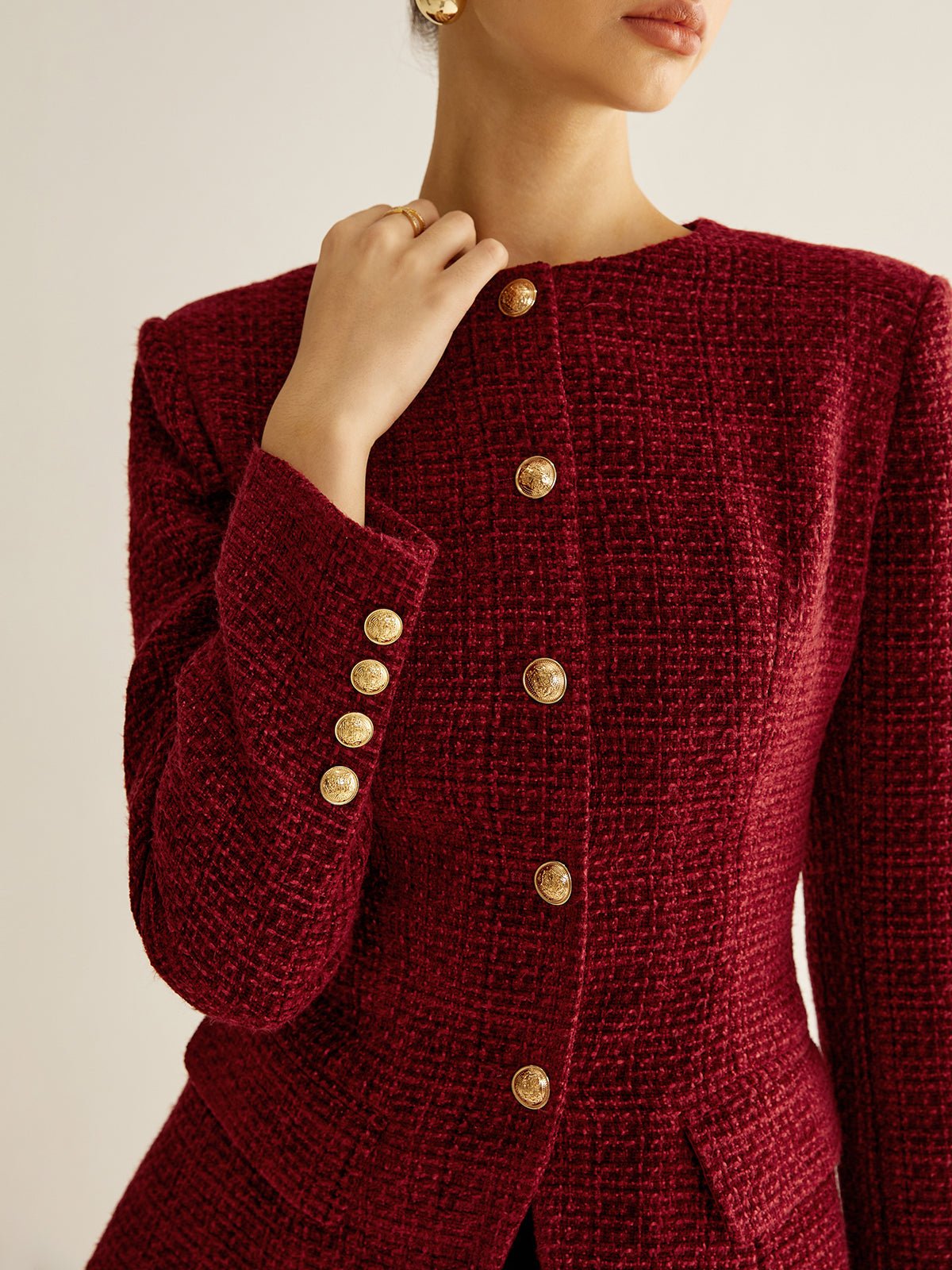 Women's Button Down Tweed Blazer | Asymmetric Hem Slit Back