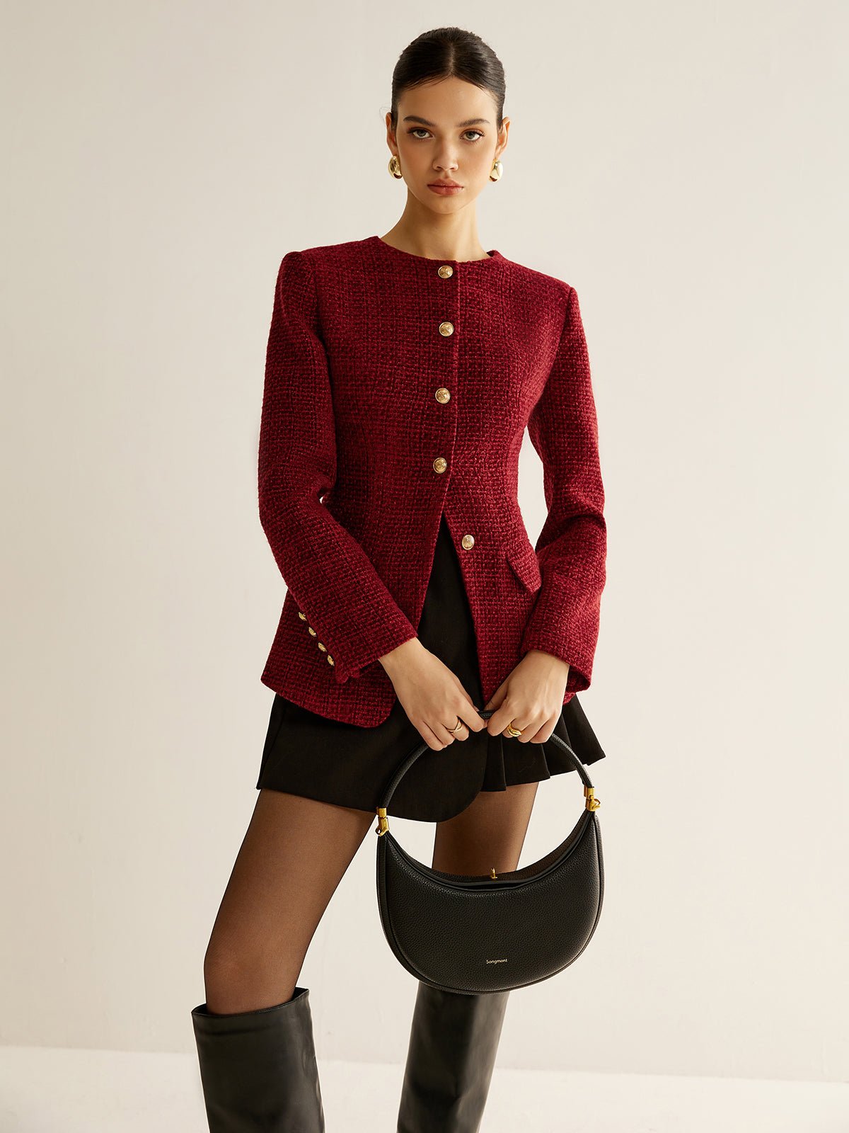 Women's Button Down Tweed Blazer | Asymmetric Hem Slit Detail