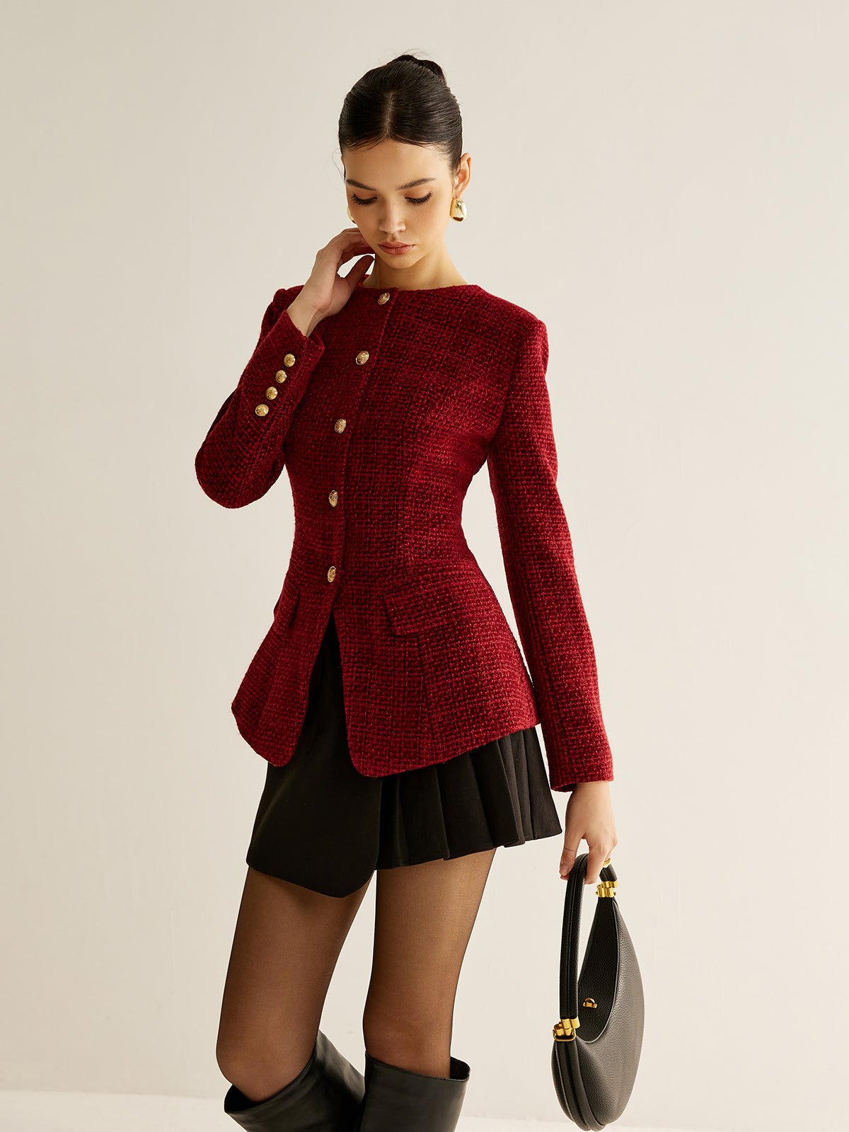 Women's Button Down Tweed Blazer | Asymmetric Hem Slit Front