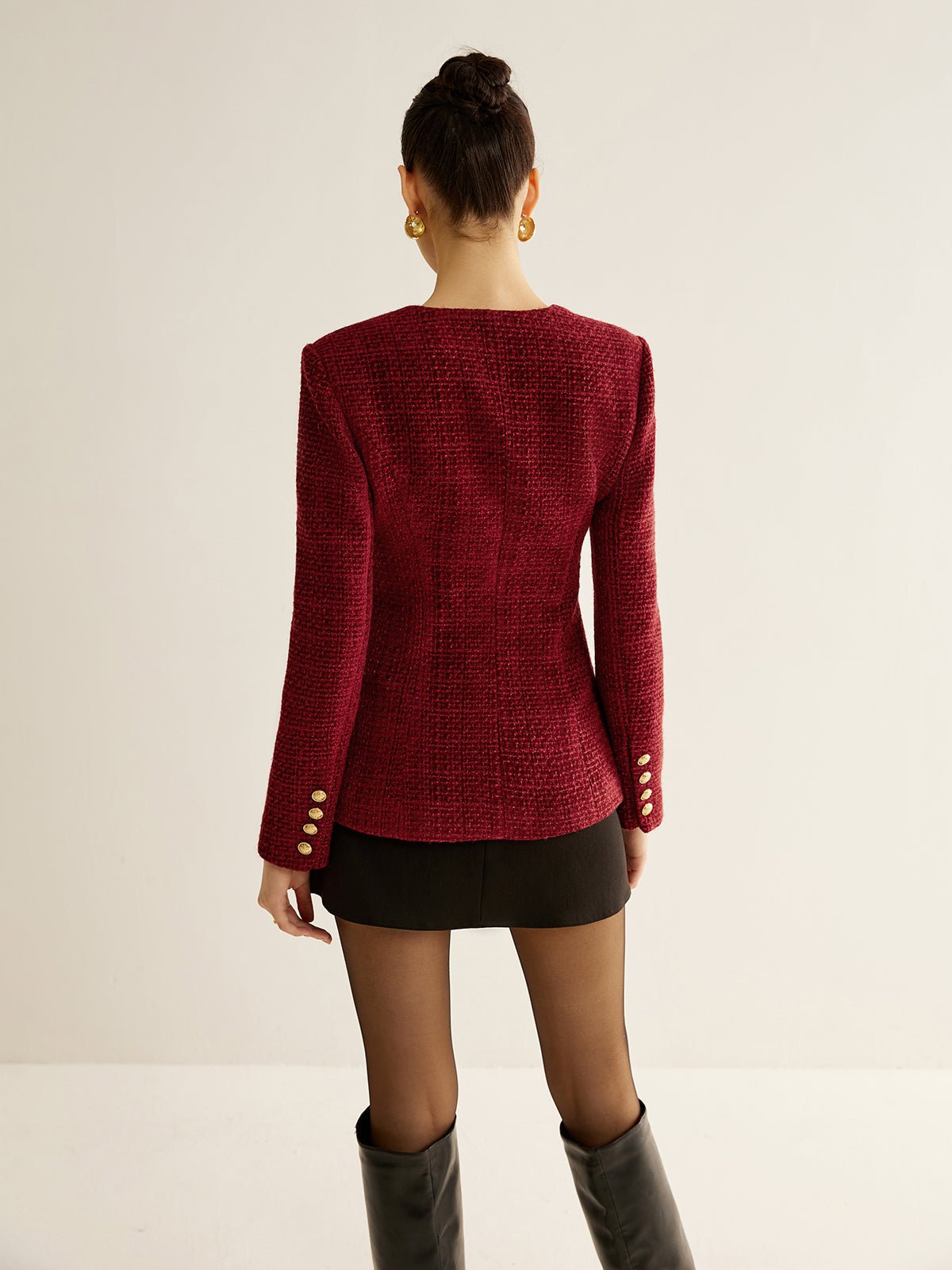 Women's Button Down Tweed Blazer | Asymmetric Hem Slit Lifestyle
