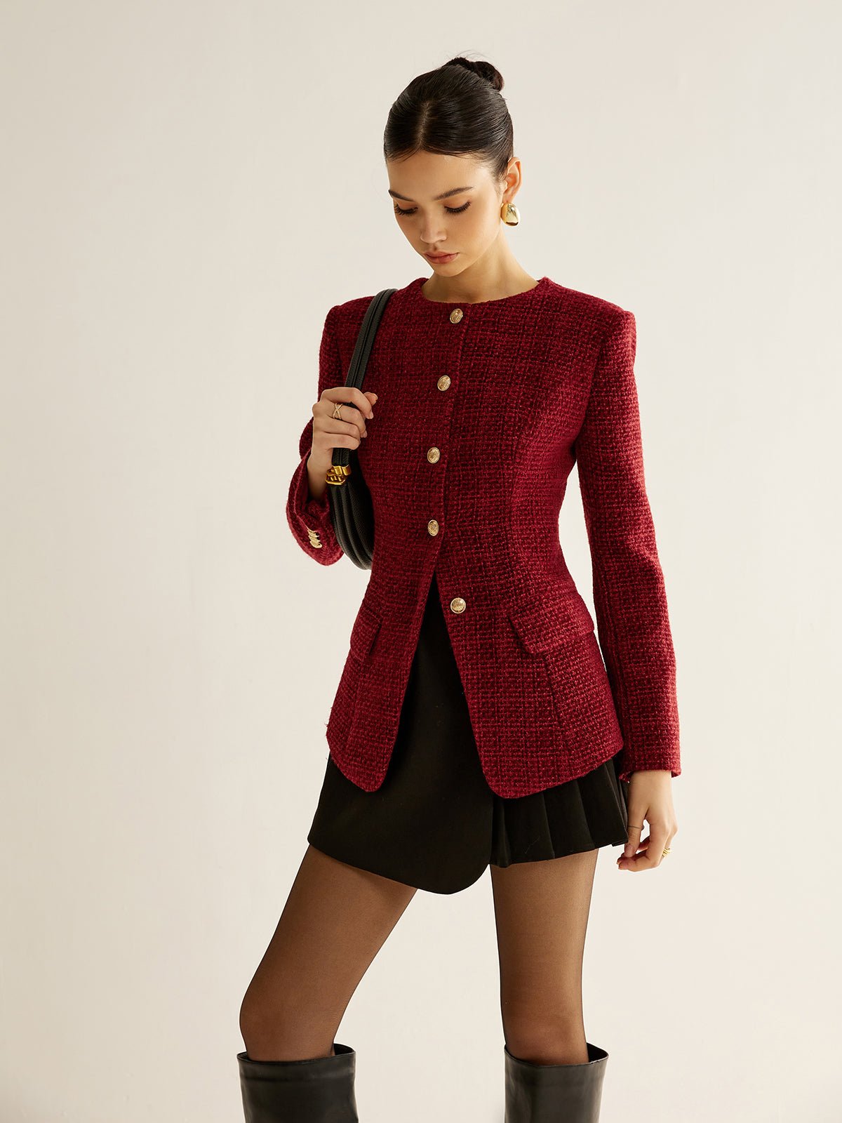 Women's Button Down Tweed Blazer | Asymmetric Hem Slit Side