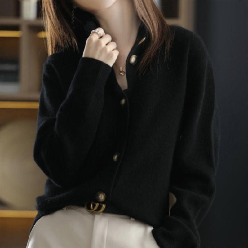 Women's Button-Front Cardigan Sweater | High Neck Ribbed Back