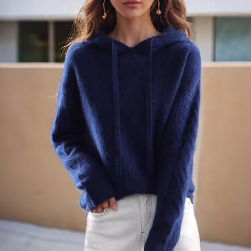 Women's Cable-Knit Hooded Pullover | Wool Blend Drawstring Detail