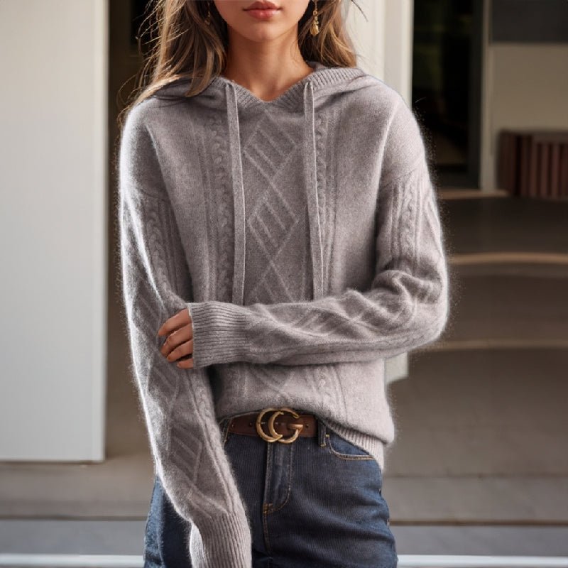 Women's Cable-Knit Hooded Pullover | Wool Blend Drawstring Front