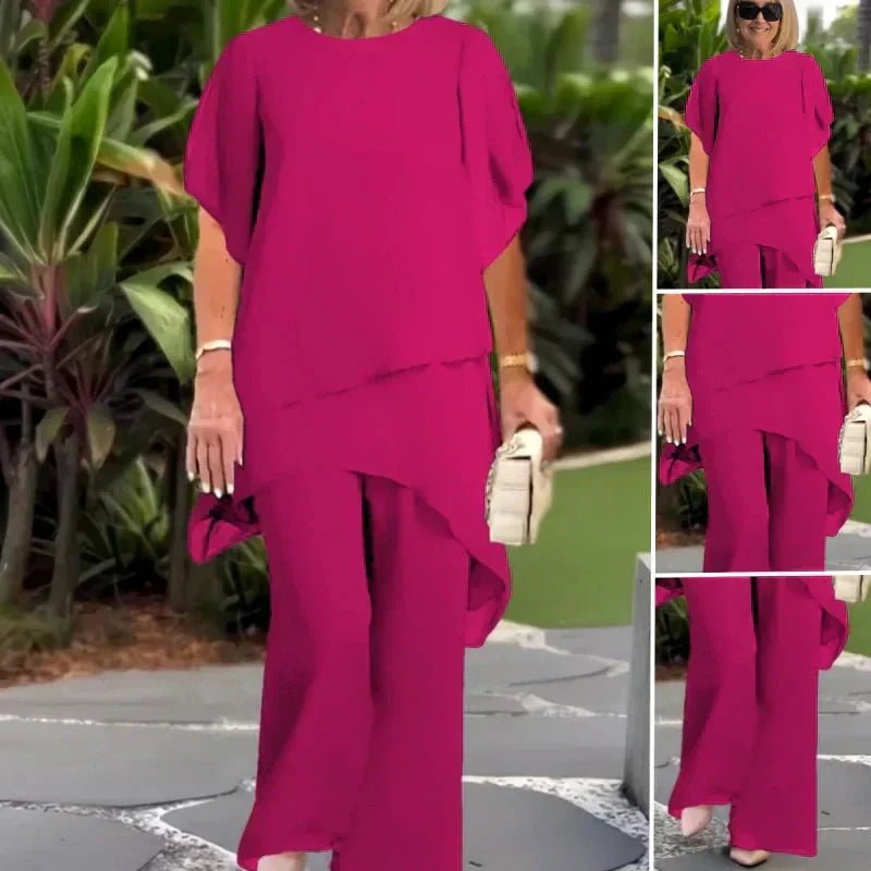 Women's Chic Top and Pants Set | Asymmetric Layered Hem Angle