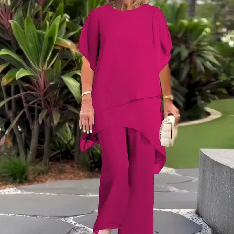 Women's Chic Top and Pants Set | Asymmetric Layered Hem Side