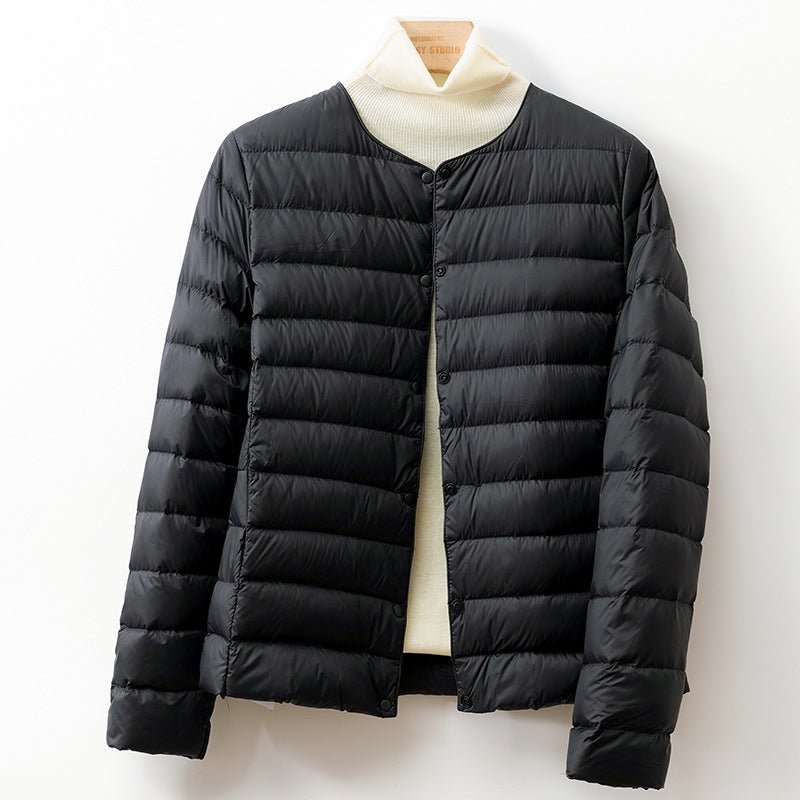 Women's Collarless Down Puffer Jacket | Snap-Button Slim Fit Alternate