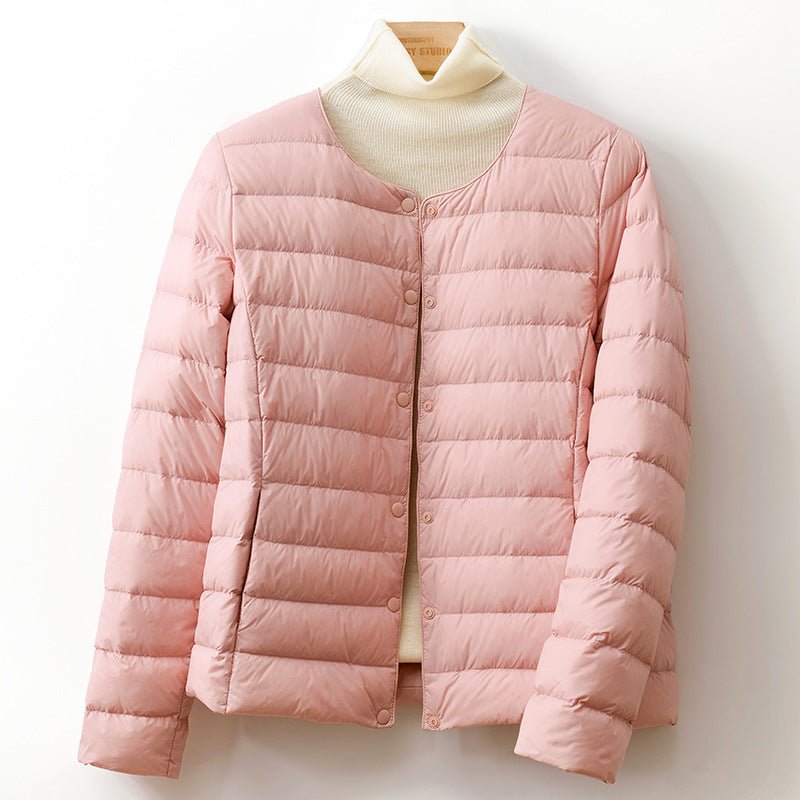 Women's Collarless Down Puffer Jacket | Snap-Button Slim Fit Angle