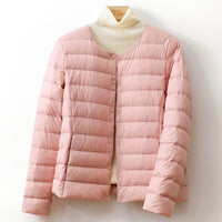 Women's Collarless Down Puffer Jacket | Snap-Button Slim Fit Angle