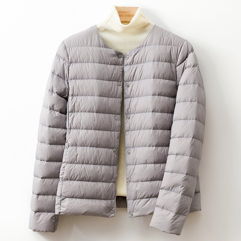 Women's Collarless Down Puffer Jacket | Snap-Button Slim Fit Close Up