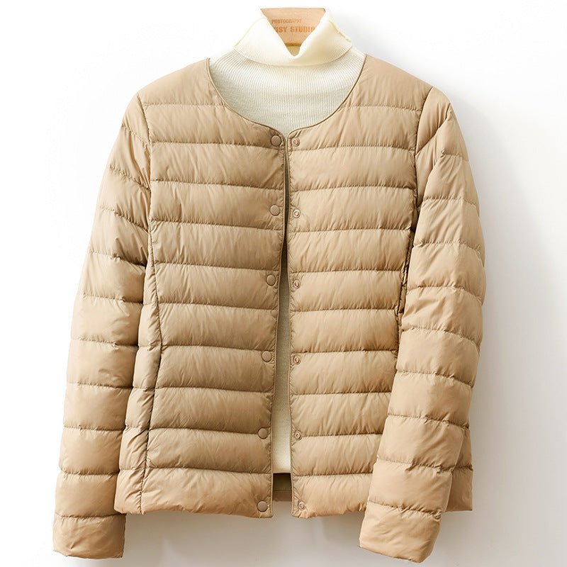 Women's Collarless Down Puffer Jacket | Snap-Button Slim Fit Detail