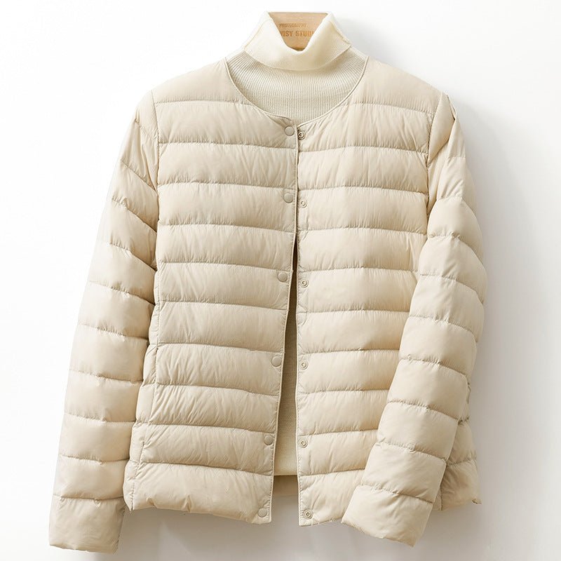 Women's Collarless Down Puffer Jacket | Snap-Button Slim Fit Front