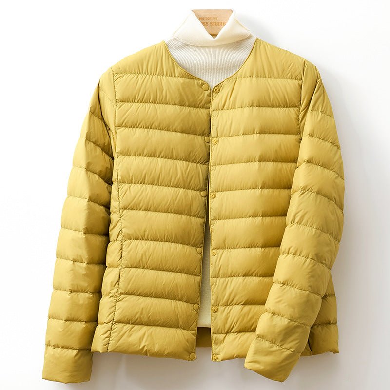 Women's Collarless Down Puffer Jacket | Snap-Button Slim Fit Hero