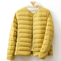 Women's Collarless Down Puffer Jacket | Snap-Button Slim Fit Hero