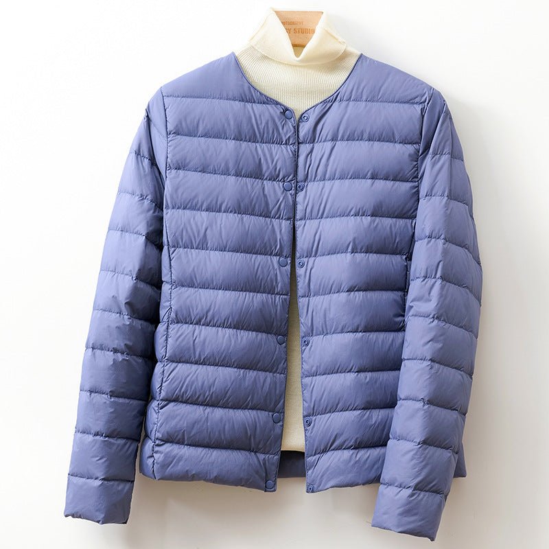 Women's Collarless Down Puffer Jacket | Snap-Button Slim Fit Side