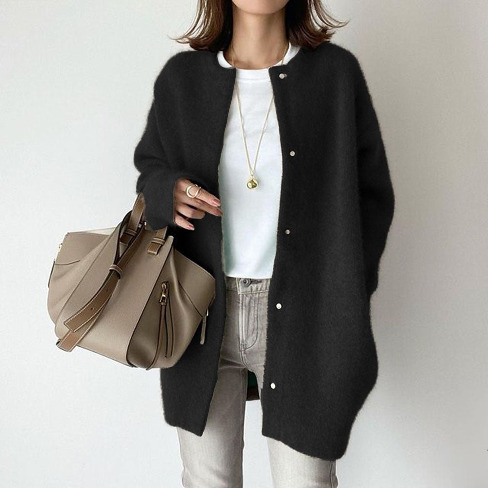 Women's Collarless Wool Button Cardigan Detail