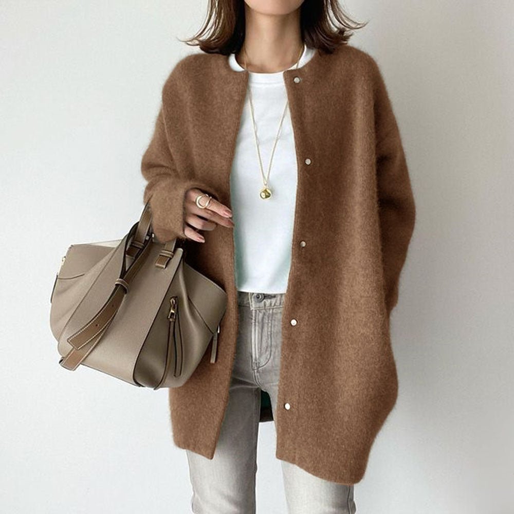 Women's Collarless Wool Button Cardigan Front