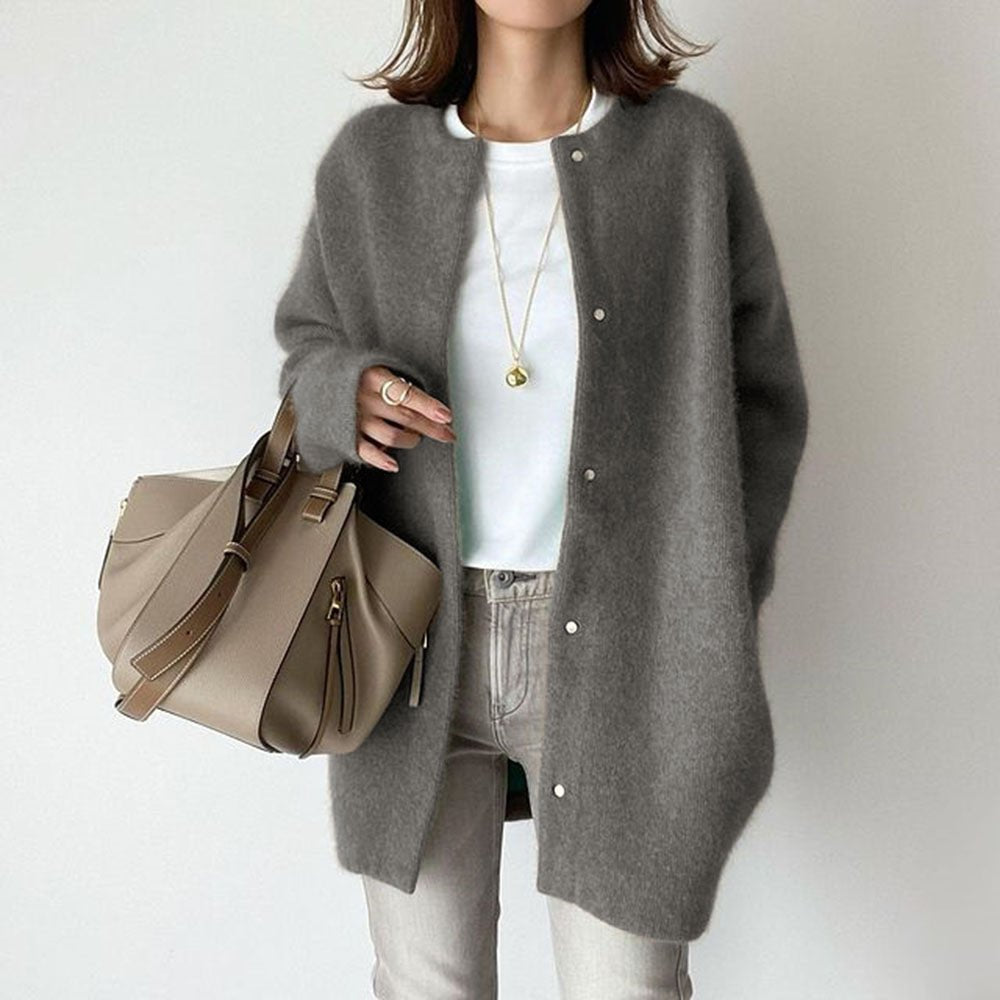 Women's Collarless Wool Button Cardigan Side