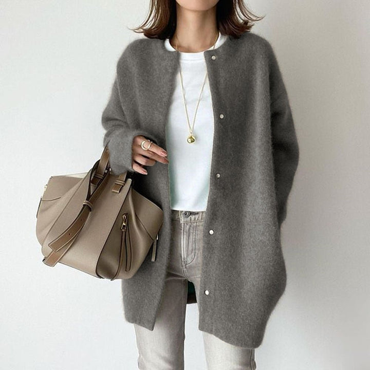 Women's Collarless Wool Button Cardigan Side