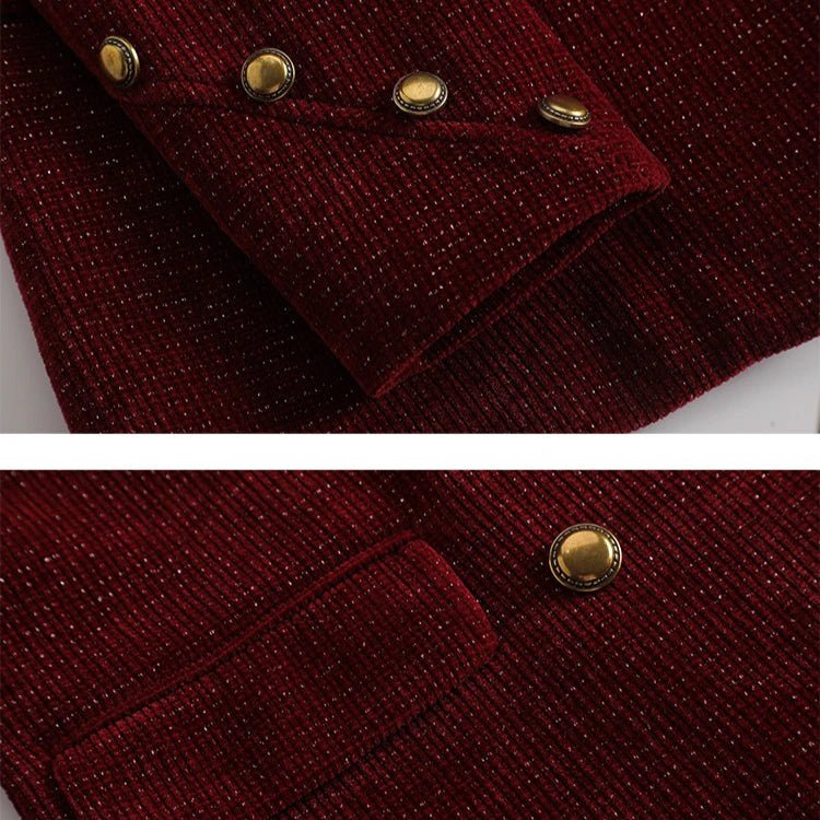 Women's Corduroy Two-Piece Suit | Double-Breasted Blazer Set Close Up