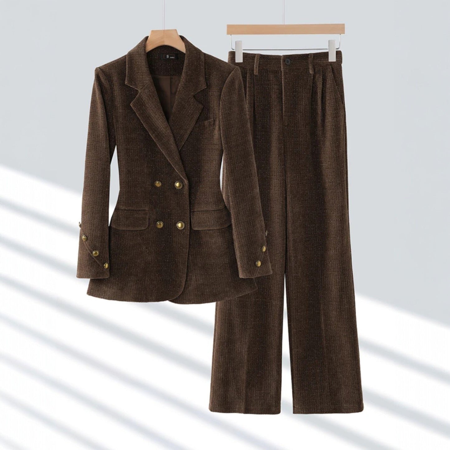 Women's Corduroy Two-Piece Suit | Double-Breasted Blazer Set Front