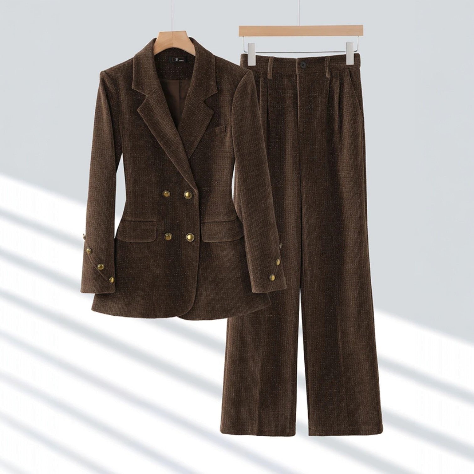 Women's Corduroy Two-Piece Suit | Double-Breasted Blazer Set Front