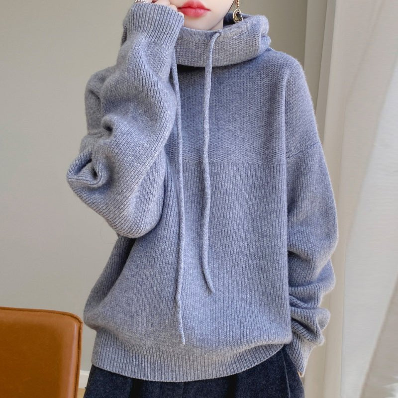 Women's Cowl Hood Wool Sweater | Oversized Relaxed Knit Front