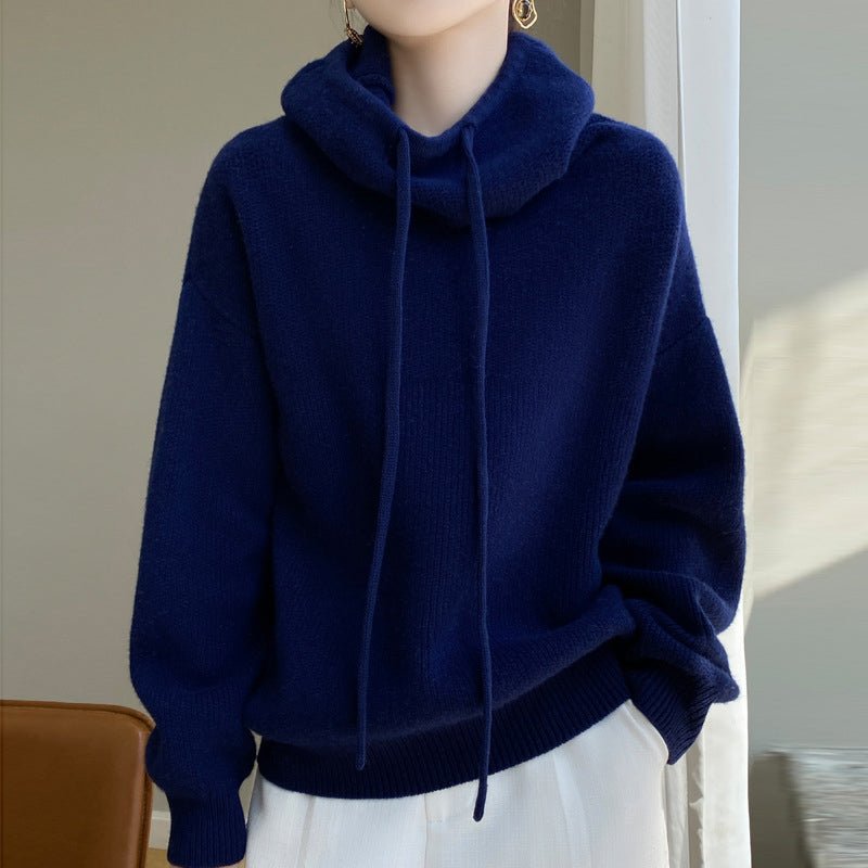 Women's Cowl Hood Wool Sweater | Oversized Relaxed Knit Side