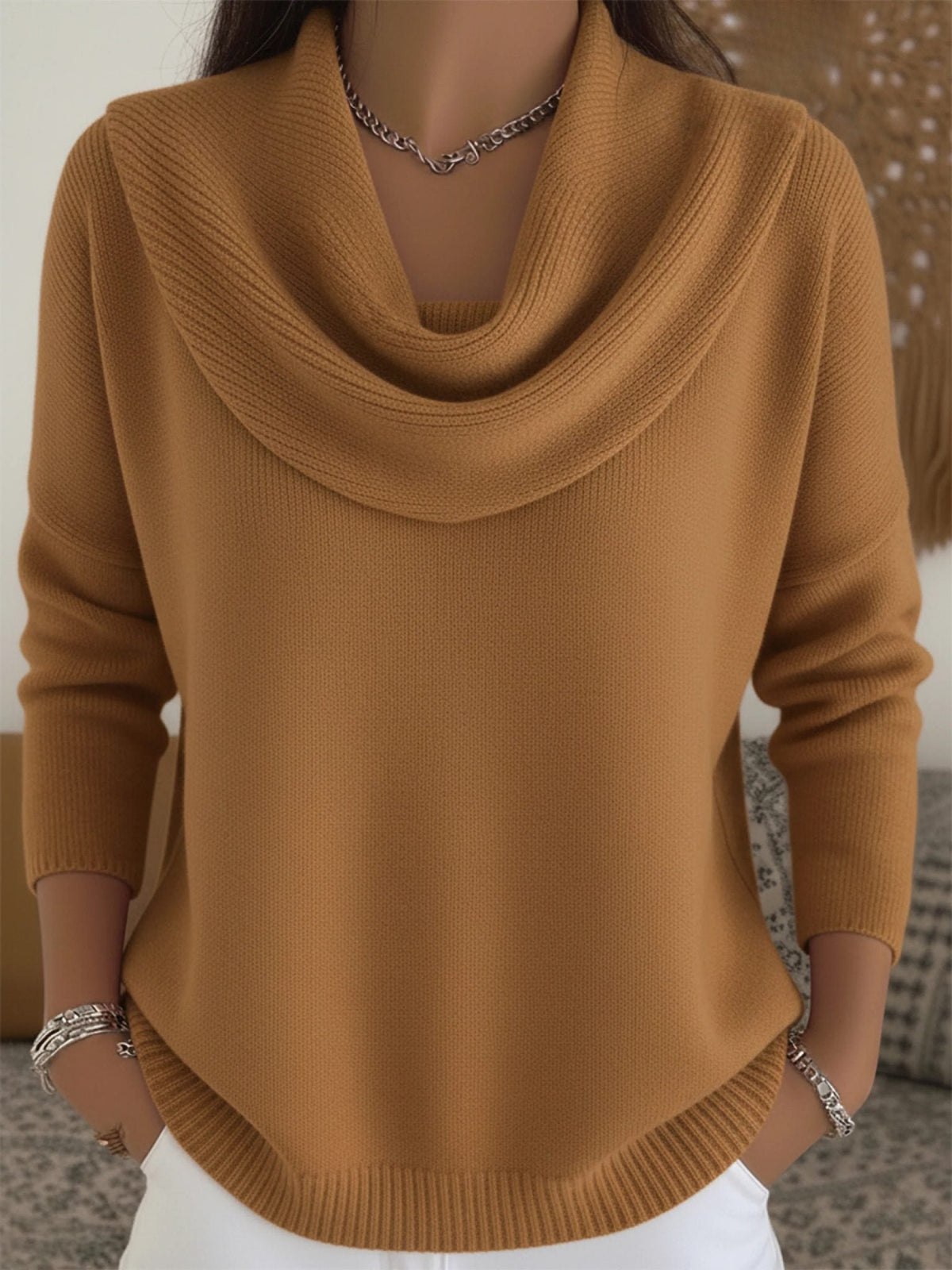 Women's Cowl Neck Long Sleeve Merino Wool Sweater | Relaxed Fit Front