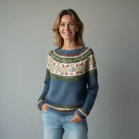 Women's Crew Neck Ribbed Knit Sweater | Striped Yoke Casual Top Angle