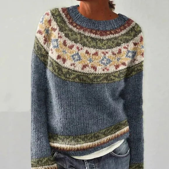 Women's Crew Neck Ribbed Knit Sweater | Striped Yoke Casual Top Back