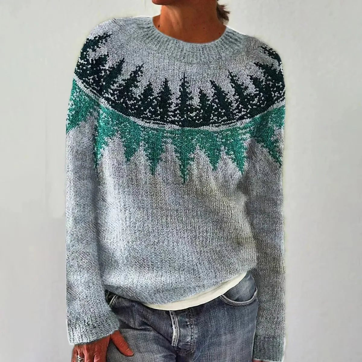 Women's Crew Neck Ribbed Knit Sweater | Striped Yoke Casual Top Close Up