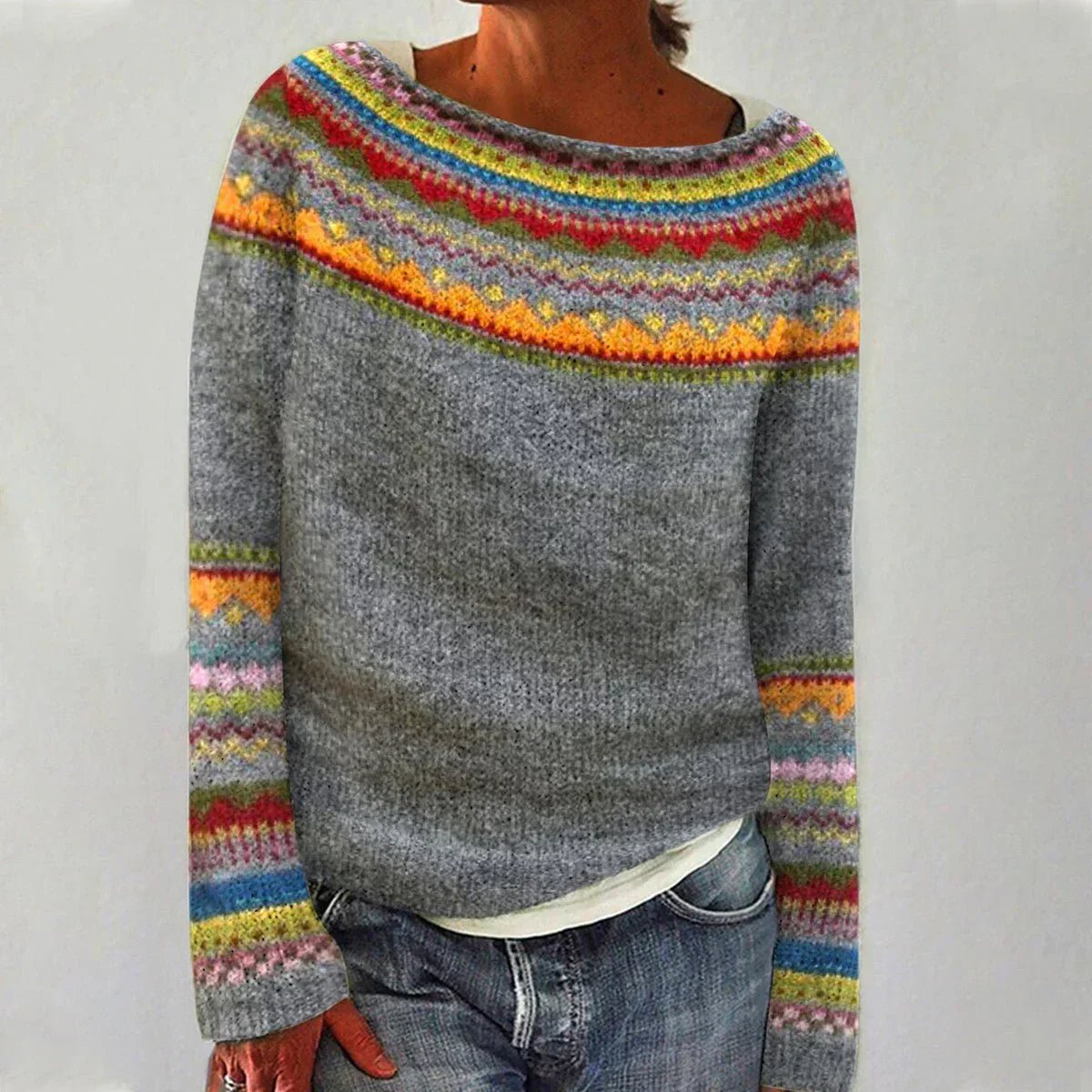 Women's Crew Neck Ribbed Knit Sweater | Striped Yoke Casual Top Hero