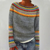 Women's Crew Neck Ribbed Knit Sweater | Striped Yoke Casual Top