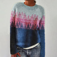 Women's Crew Neck Ribbed Knit Sweater | Striped Yoke Casual Top Lifestyle