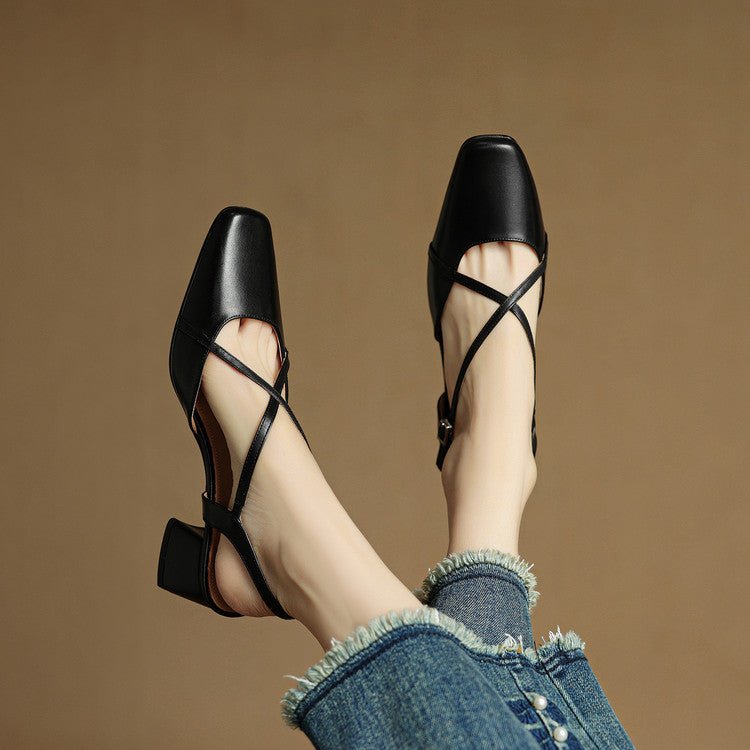 Women's Cross Strap Leather Block Heels | Closed Toe Angle