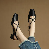 Women's Cross Strap Leather Block Heels | Closed Toe Angle