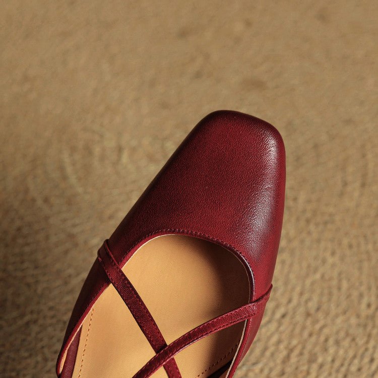 Women's Cross Strap Leather Block Heels | Closed Toe Back