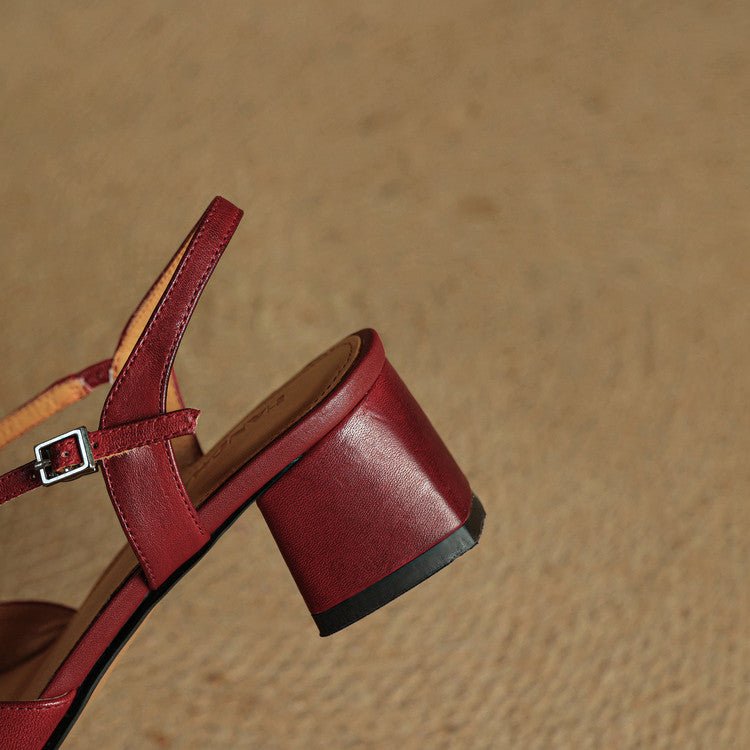 Women's Cross Strap Leather Block Heels | Closed Toe Close Up