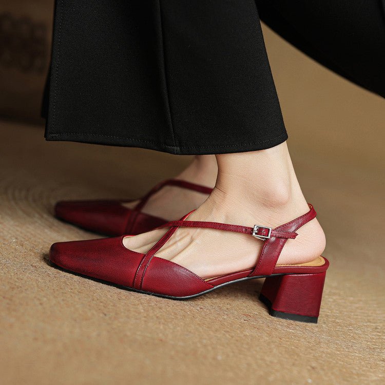Women's Cross Strap Leather Block Heels | Closed Toe Detail