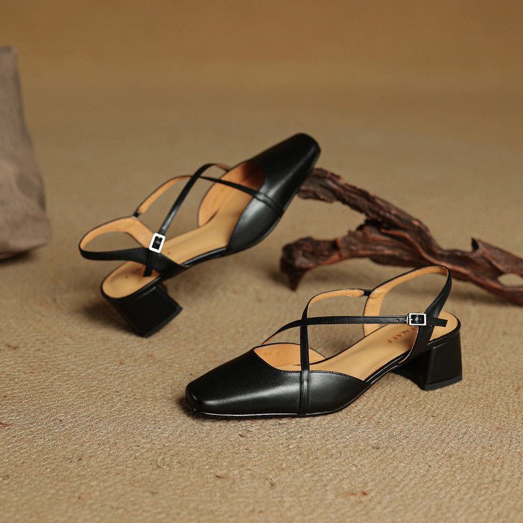 Women's Cross Strap Leather Block Heels | Closed Toe Full