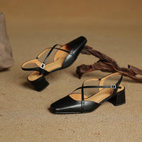 Women's Cross Strap Leather Block Heels | Closed Toe Full