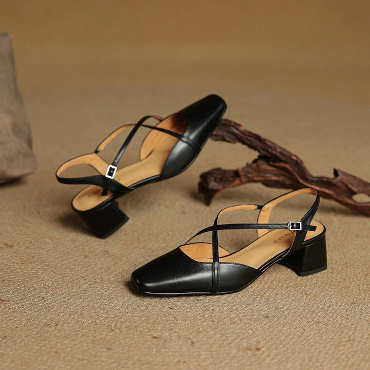 Women's Cross Strap Leather Block Heels | Closed Toe Full